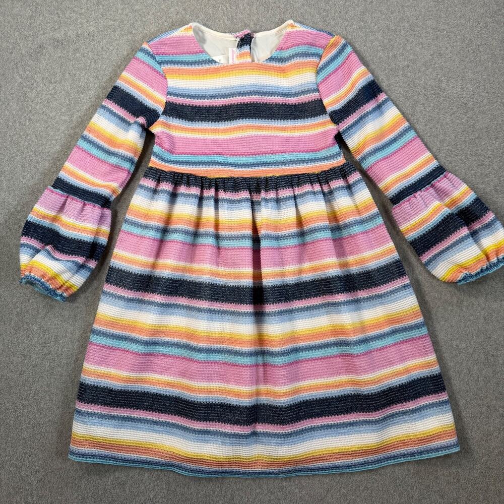 Bonnie Jean Girls 8 Knit Stripe Dress Long Sleeve Blue Pink Yellow Rainbow